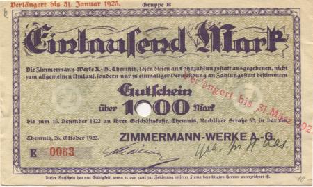Chemnitz - Zimmermann-Werke AG, Rochlitzer Str. 32 - 26.10.1922 - 31.3.1923 - 1000 Mark 