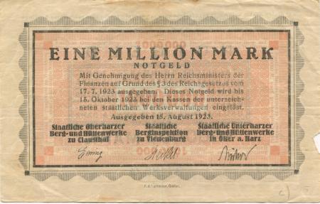 Clausthal - Staatliche Oberharzer Berg- und Hüttenwerke zu Clausthal; Staatliche Berginspektion zu Vienenburg; Staatliche Unterharzer Berg- und Hüttenwerke in Oker - 15.8.1923 - 15.10.1923 - 1 Million Mark 