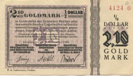Clausthal - Staatliche Oberharzer Berg- und Hüttenwerke zu Clausthal; Staatliche Berginspektion zu Vienenburg; Staatliche Unterharzer Berg- und Hüttenwerke in Oker - 1.11.1923 - 2.10 Goldmark 