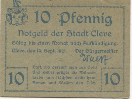 Cleve (heute: Kleve) - Stadt - 14.9.1921 - 10 Pfennig 