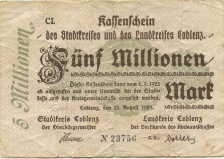 Coblenz (heute: Koblenz) - Stadt und Kreis - 15.8.1923 - 1.9.1923 - 5 Millionen Mark 