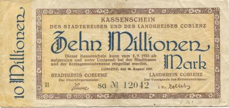 Coblenz (heute: Koblenz) - Stadt und Kreis - 20.8.1923 - 1.9.1923 - 10 Millionen Mark 