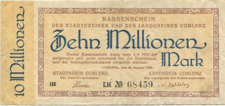 Coblenz (heute: Koblenz) - Stadt und Kreis - 20.8.1923 - 1.9.1923 - 10 Millionen Mark 