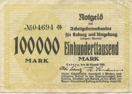 Coburg - Arbeitgeberverband für Coburg und Umgebung eV - 22.8.1923 - 100000 Mark 