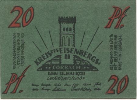 Corbach (heute: Korbach) - Kreis des Eisenbergs - 15.5.1921 - 25 Pfennig 