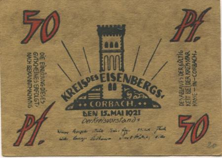 Corbach (heute: Korbach) - Kreis des Eisenbergs - 15.5.1921 - 50 Pfennig 