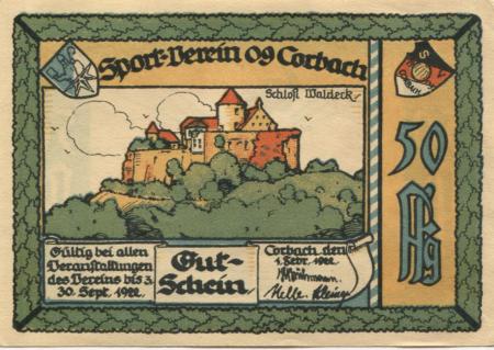 Corbach (heute: Korbach) - Sport-Verein 09 - 1.2.1922 - 30.9.1922 - 50 Pfennig 