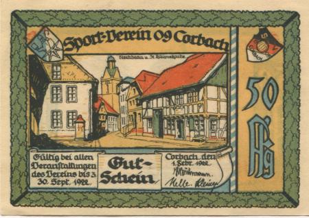 Corbach (heute: Korbach) - Sport-Verein 09 - 1.2.1922 - 30.9.1922 - 50 Pfennig 