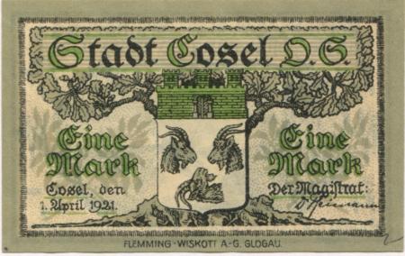 Cosel (heute: PL-Kedzierzyn-Kozle) - Stadt - 1.4.1921 - 1 Mark 
