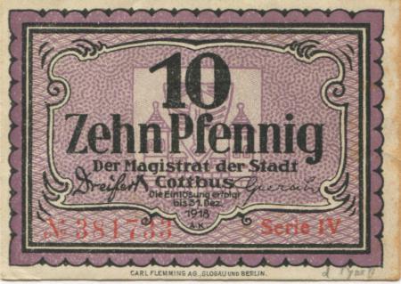 Cottbus - Stadt - - 31.12.1918 - 10 Pfennig 