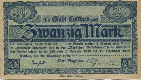 Cottbus - Stadt - 20.11.1918 - 31.12.1919 - 20 Mark 