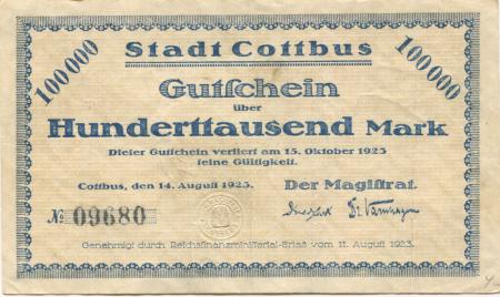 Cottbus - Stadt - 14,8,1923 - 15.10.1923 - 100000 Mark 