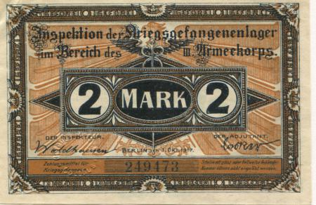 Cottbus - Inspektion der Kriegsgefangenenlager im Bereich des III.Armeekorps - 1.10.1917 - 2 Mark 