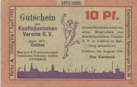 Cottbus - Kaufmännischer Verein eV, Spremberger Str. 39 - August 1921 - 1.4.1922 - 10 Pfennig 