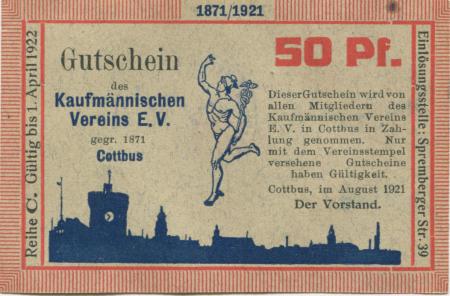 Cottbus - Kaufmännischer Verein eV, Spremberger Str. 39 - August 1921 - 1.4.1922 - 50 Pfennig 