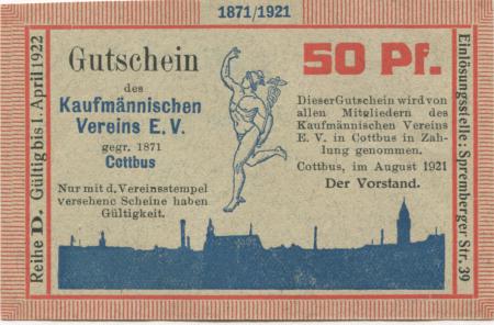 Cottbus - Kaufmännischer Verein eV, Spremberger Str. 39 - August 1921 - 1.4.1922 - 50 Pfennig 