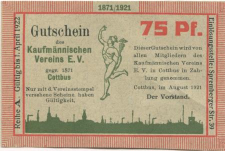 Cottbus - Kaufmännischer Verein eV, Spremberger Str. 39 - August 1921 - 1.4.1922 - 75 Pfennig 