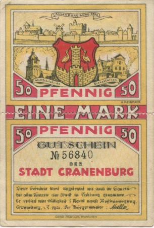Cranenburg (heute: Kranenburg) - Stadt - 1.7.1921 - 1 Mark 
