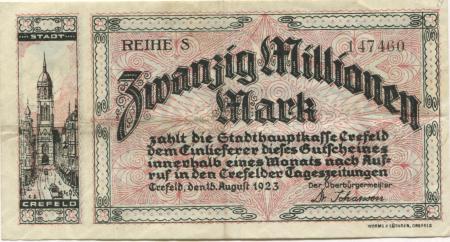 Crefeld (heute: Krefeld) - Stadt - 15.8.1923 - 20 Millionen Mark 
