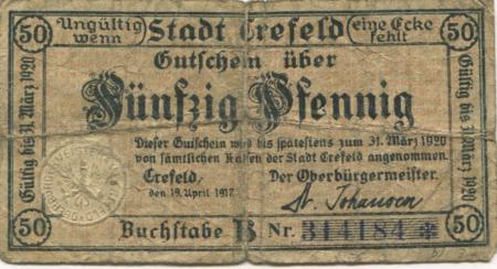 Crefeld (heute: Krefeld) - Stadt - 19.4.1917 - 31.3.1920 - 50 Pfennig 