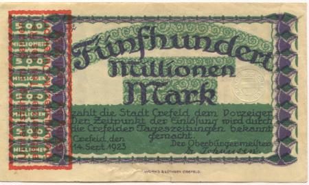 Crefeld (heute: Krefeld) - Stadt - 14.9.1923 - 1.4.1924 - 500 Millionen Mark 