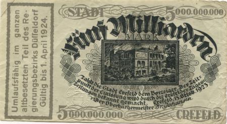 Crefeld (heute: Krefeld) - Stadt - 15.10.1923 - 1.4.1924 - 5 Milliarden Mark 