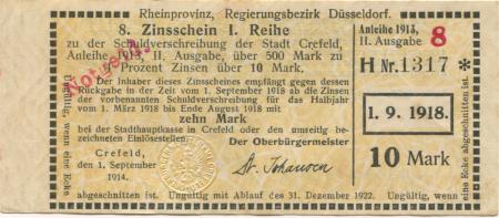 Crefeld (heute: Krefeld) - Stadt - (1.9.1918) - 10 Mark 
