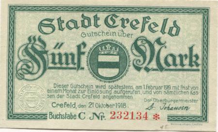 Crefeld (heute: Krefeld) - Stadt - 21.10.1918 - 5 Mark 