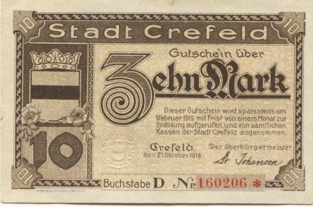 Crefeld (heute: Krefeld) - Stadt - 21.10.1918 - 10 Mark 