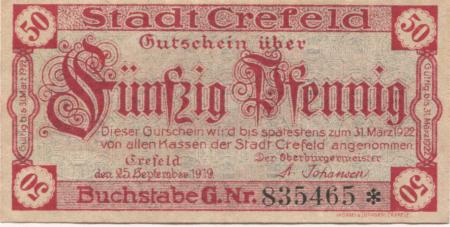 Crefeld (heute: Krefeld) - Stadt - 25.9.1919 - 31.3.1922 - 50 Pfennig 