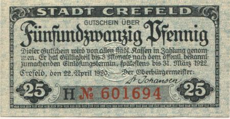 Crefeld (heute: Krefeld) - Stadt - 22.4.1920 - 31.3.1922 - 25 Pfennig 