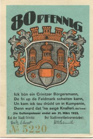 Crivitz - Stadt - - 31.3.1922 - 80 Pfennig 