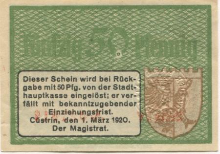 Cüstrin (heute: PL-Kostrzyn nad Odra) - Stadt - 1.3.1920 - 50 Pfennig 