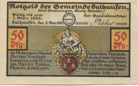 Dalhausen (heute: Bewerungen) - Gemeinde - 5.11.1921 -1.3.1922 - 50 Pfennig 
