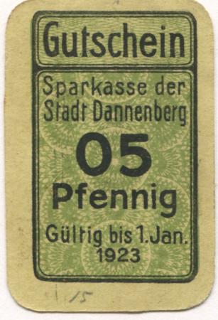 Dannenberg - Sparkasse der Stadt - - 1.1.1923 - 05 Pfennig 
