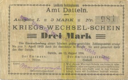 Datteln - Amt - 13.8.1914 - 1.4.1915 - 3 Mark 