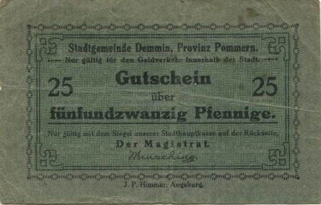 Demmin - Stadt - -- 25 Pfennig 