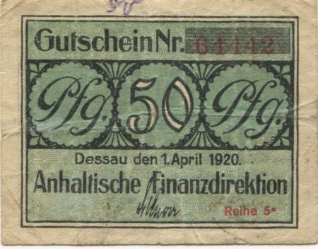 Dessau - Anhaltische Finanzdirektion - 1.4.1920 - 31.12.1921 - 50 Pfennig 