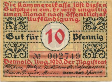 Detmold - Stadt - August 1920 - 10 Pfennig 