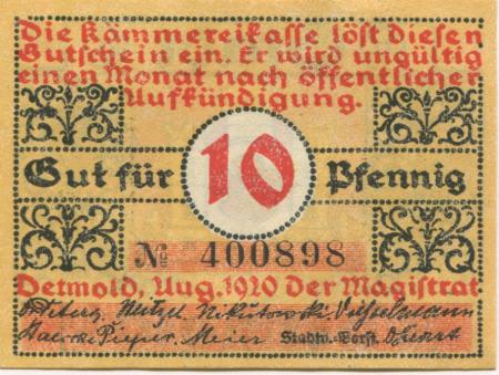 Detmold - Stadt - August 1920 - 10 Pfennig 