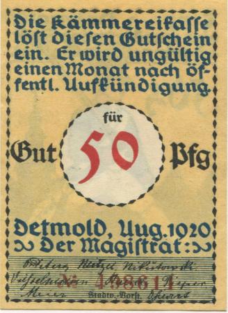 Detmold - Stadt - August 1920 - 50 Pfennig 