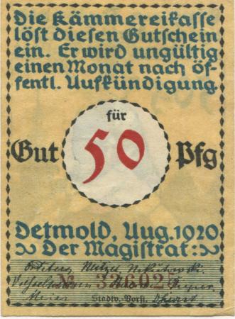Detmold - Stadt - August 1920 - 50 Pfennig 