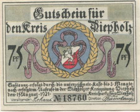 Diepholz - Kreis - 15.8.1921 - 75 Pfennig 