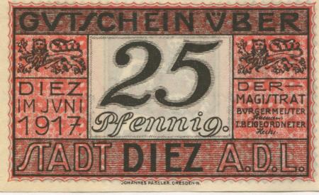Diez - Stadt - Juni 1917 - 31.12.1918 - 25 Pfennig 