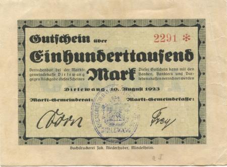 Dirlewang - Marktgemeinde - 10.8.1923 - 100000 Mark 