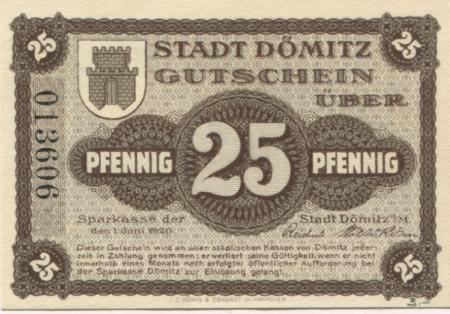 Dömitz - Sparkasse der Stadt - 1.6.1920 - 25 Pfennig 