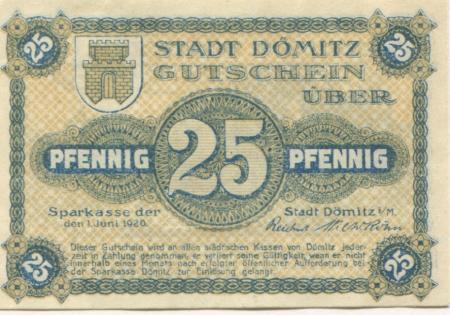Dömitz - Sparkasse der Stadt - 1.6.1920 - 25 Pfennig 