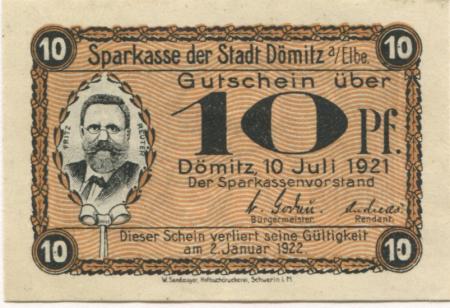 Dömitz - Sparkasse der Stadt - 1.7.1921 - 2.1.1922 - 10 Pfennig 