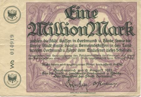 Dortmund und Hörde - Städte und Kreise - 9.8.1923 - 1 Million Mark 