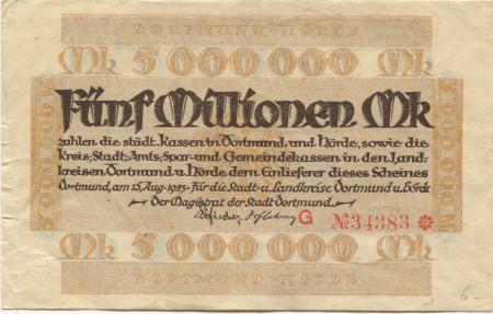 Dortmund und Hörde - Städte und Kreise - 15.8.1923 - 5 Millionen Mark 